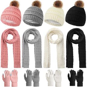 Winter Hat Gloves Scarf Set Women, Knit Pom Beanie Warm Touchscreen Gloves Neck Long Scarf for Women Girls Cold Winter (Black, Pink, White, Gray, 12 Pcs) in Saudi Arabia