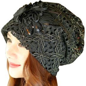 Kafeimali Womens Lace Flower Beanie Hat Slouchy Hip-hop Skull Cap Warm Turban