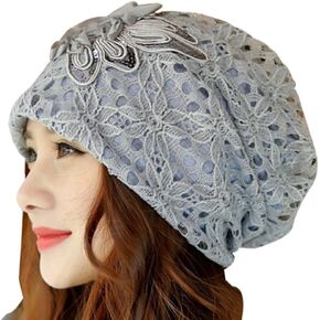 Kafeimali Womens Lace Flower Beanie Hat Slouchy Hip-hop Skull Cap Warm Turban