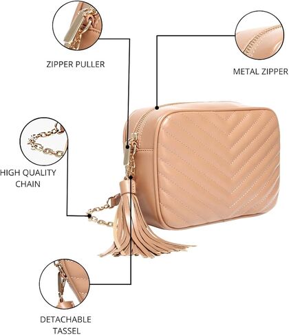 Daisy Rose Quilted Shoulder Cross Body Bag & Detachable Tassel, PU Vegan Leather in Kuwait