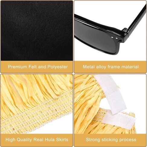 3 Pcs Halloween Black Bowler Derby Hat raffia Hula Skirt Polarized Sunglasses Set Bowler Hat for Men Women Hawaiian Hula Skirt Trendy Sunglasses for Costume Party in Kuwait