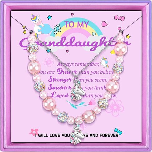 قلادة OLIKER يونيكورن للحفيدة/ابنة الأخت | سوار من اللؤلؤ الوردي وحجر الراين | طول قابل للتعديل | مناسبة لهدايا عيد الميلاد وأعياد الميلاد in Kuwait