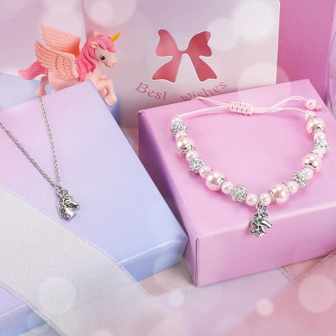 قلادة OLIKER يونيكورن للحفيدة/ابنة الأخت | سوار من اللؤلؤ الوردي وحجر الراين | طول قابل للتعديل | مناسبة لهدايا عيد الميلاد وأعياد الميلاد in Kuwait