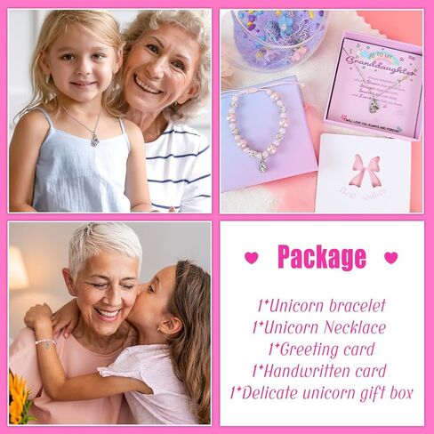قلادة OLIKER يونيكورن للحفيدة/ابنة الأخت | سوار من اللؤلؤ الوردي وحجر الراين | طول قابل للتعديل | مناسبة لهدايا عيد الميلاد وأعياد الميلاد in Kuwait