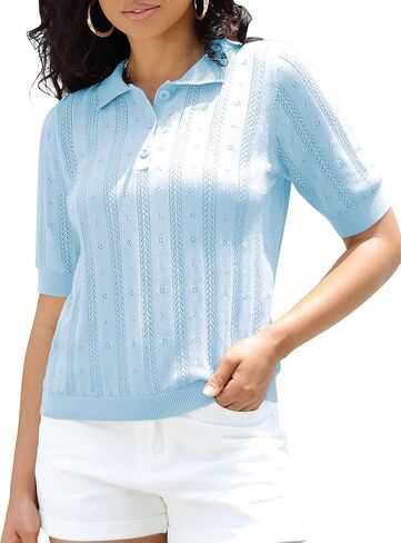 تي شيرت بولو نسائي من IFUROL برقبة على شكل حرف V وأكمام قصيرة وياقة، تي شيرت بولو كاجوال بأزرار محبوكة in Kuwait