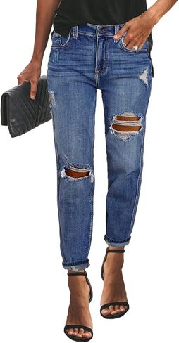 بنطلون جينز Vetinee نسائي مرتفع الارتفاع مدمر ومغسول من قماش الدنيم الممزق in Kuwait