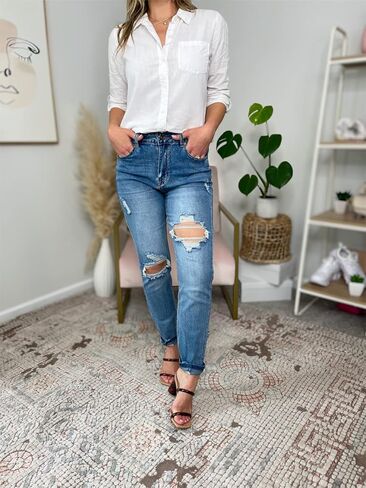 بنطلون جينز Vetinee نسائي مرتفع الارتفاع مدمر ومغسول من قماش الدنيم الممزق in Kuwait