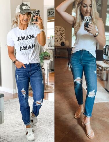 بنطلون جينز Vetinee نسائي مرتفع الارتفاع مدمر ومغسول من قماش الدنيم الممزق in Kuwait