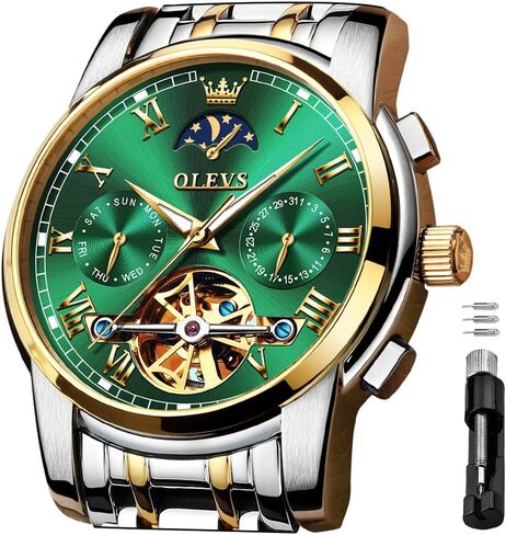 OLEVS Green Men's Automatic Mechanical Watches Luxury Dress Waterproof Self Winding Moon Phase Chronograph Stainless Steel Luminous Date Tourbillon Wristwatch for Men in Saudi Arabia