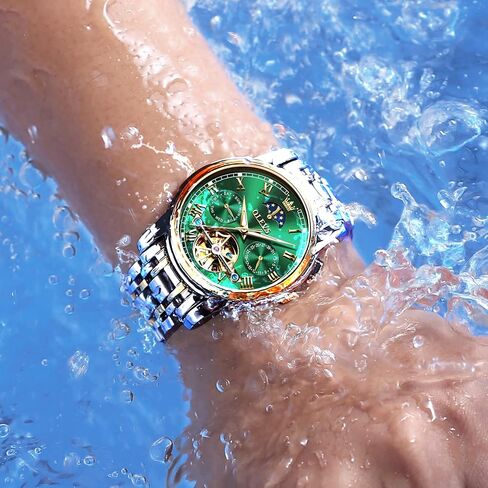 OLEVS Green Men's Automatic Mechanical Watches Luxury Dress Waterproof Self Winding Moon Phase Chronograph Stainless Steel Luminous Date Tourbillon Wristwatch for Men in Saudi Arabia