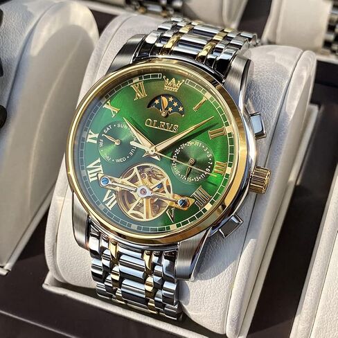OLEVS Green Men's Automatic Mechanical Watches Luxury Dress Waterproof Self Winding Moon Phase Chronograph Stainless Steel Luminous Date Tourbillon Wristwatch for Men in Saudi Arabia