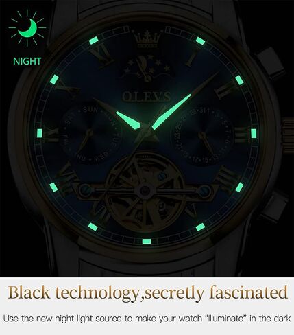OLEVS Green Men's Automatic Mechanical Watches Luxury Dress Waterproof Self Winding Moon Phase Chronograph Stainless Steel Luminous Date Tourbillon Wristwatch for Men in Saudi Arabia