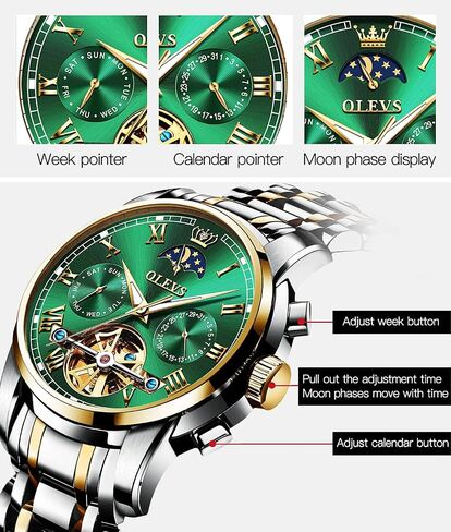 OLEVS Green Men's Automatic Mechanical Watches Luxury Dress Waterproof Self Winding Moon Phase Chronograph Stainless Steel Luminous Date Tourbillon Wristwatch for Men in Saudi Arabia