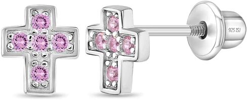 925 Sterling Silver Cubic Zirconia Little Cross Screw Back Earrings for Toddlers & Young Girls - Religious Jewelry Gift for Christening and Baptism - Safety Stud for Little Girls in Saudi Arabia
