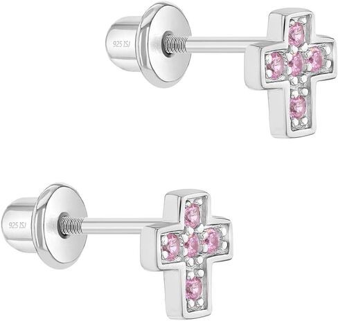925 Sterling Silver Cubic Zirconia Little Cross Screw Back Earrings for Toddlers & Young Girls - Religious Jewelry Gift for Christening and Baptism - Safety Stud for Little Girls in Saudi Arabia