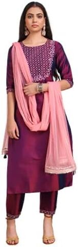 DREAMANGEL FASHION Womens Art Silk Embroidered Kurta Trouser and Dupatta in Kuwait