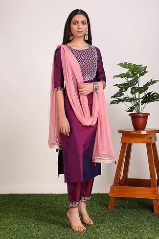 DREAMANGEL FASHION Womens Art Silk Embroidered Kurta Trouser and Dupatta in Kuwait