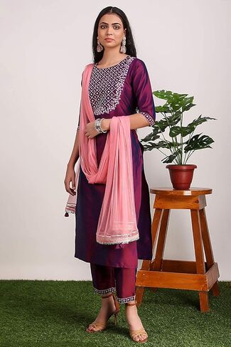 DREAMANGEL FASHION Womens Art Silk Embroidered Kurta Trouser and Dupatta in Kuwait