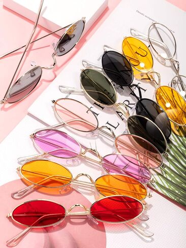 18 Pairs Vintage Slender Oval Sunglasses Small Metal Frames Designer Gothic Glasses Candy Colors Retro Hippie Eyewear for Women Men in Saudi Arabia