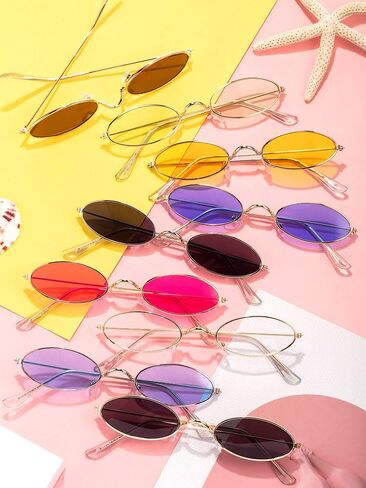 18 Pairs Vintage Slender Oval Sunglasses Small Metal Frames Designer Gothic Glasses Candy Colors Retro Hippie Eyewear for Women Men in Saudi Arabia