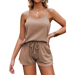 Ekouaer Pajamas for Women Waffle Knit Lounge Sets Cami Tops Shorts Loungewear S-XXL
