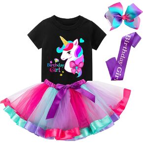 Birthday Girls Costume – Headband, Shirt, Tutu Skirt Dress, Satin Sash - Unicorn Gifts for Girls