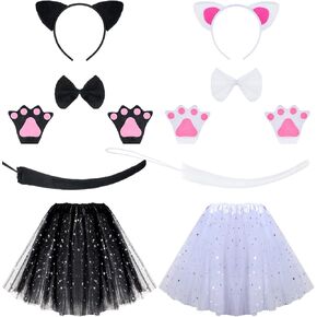 Eurzom 2 Set Cat Costume Set for Kids Include Cat Ear Headband Tutu Skirt Bowtie Paw Gloves Tail Girl Cosplay for Halloween