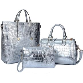 Downupdown Women Handbags and Purses Set Crocodile Pattern Tote Bags Top Handle Handbags Wristlets Wallet Shoulder Bag 3 Pcs