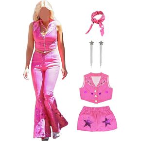 زي راعية البقر بطلة الفيلم للبالغين من Hitormoon للنساء 70s 80s هيبي ديسكو وردي متوهج بانت الهالوين التأثيري مع الملحقات in Kuwait