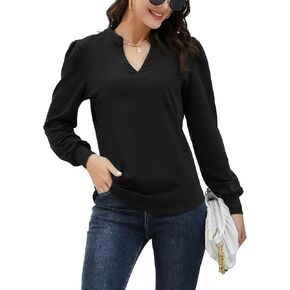 HOCOSIT المرأة عادية الخامس الرقبة فانوس نفخة طويلة الأكمام بلايز فضفاضة تونك الكلاسيكية بلوزة تي شيرت in Kuwait