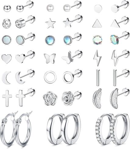 SAILIMUE 21 زوجًا من الأقراط الجراحية المصنوعة من الفولاذ بظهر مسطح للنساء والرجال 20 جرام أقراط الغضروف أقراط مسمارية لا تسبب الحساسية صغيرة على شكل قلب تشيكوسلوفاكيا ونجمة القمر وزهرة ورقة اللولب الزنمة Daith أقراط مسطحة للثقب المجوهرات in Kuwait