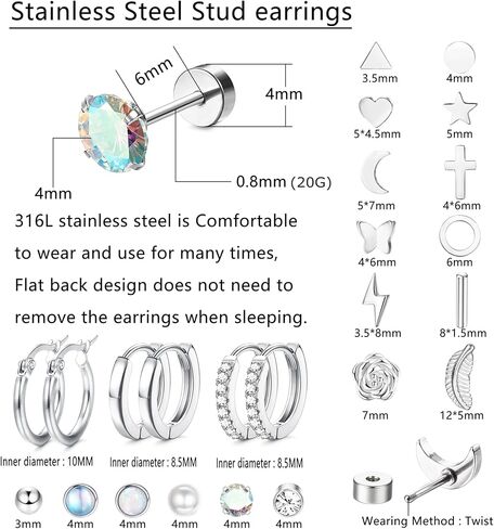 SAILIMUE 21 زوجًا من الأقراط الجراحية المصنوعة من الفولاذ بظهر مسطح للنساء والرجال 20 جرام أقراط الغضروف أقراط مسمارية لا تسبب الحساسية صغيرة على شكل قلب تشيكوسلوفاكيا ونجمة القمر وزهرة ورقة اللولب الزنمة Daith أقراط مسطحة للثقب المجوهرات in Kuwait