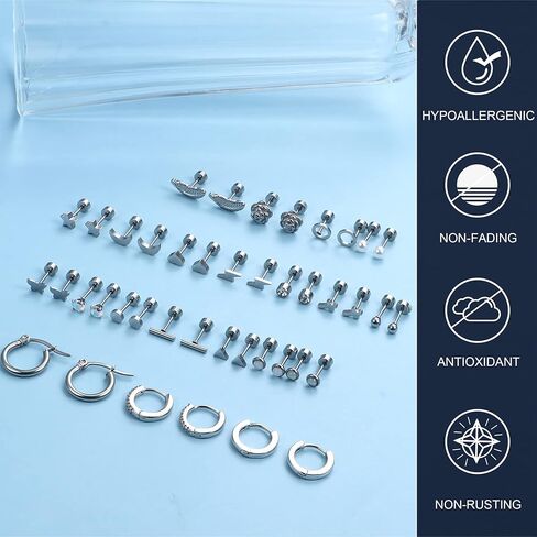 SAILIMUE 21 زوجًا من الأقراط الجراحية المصنوعة من الفولاذ بظهر مسطح للنساء والرجال 20 جرام أقراط الغضروف أقراط مسمارية لا تسبب الحساسية صغيرة على شكل قلب تشيكوسلوفاكيا ونجمة القمر وزهرة ورقة اللولب الزنمة Daith أقراط مسطحة للثقب المجوهرات in Kuwait