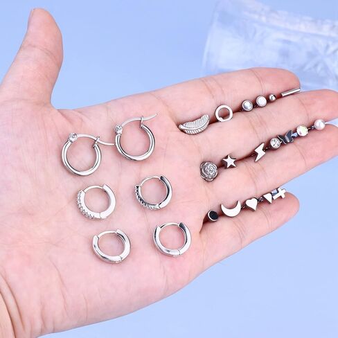 SAILIMUE 21 زوجًا من الأقراط الجراحية المصنوعة من الفولاذ بظهر مسطح للنساء والرجال 20 جرام أقراط الغضروف أقراط مسمارية لا تسبب الحساسية صغيرة على شكل قلب تشيكوسلوفاكيا ونجمة القمر وزهرة ورقة اللولب الزنمة Daith أقراط مسطحة للثقب المجوهرات in Kuwait