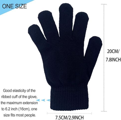 6 ازواج من قفازات الشتاء السحرية، قفازات محبوكة للبالغين، قفازات دافئة قابلة للتمدد للرجال والنساء والمراهقين، اسود، 20-21 سم in Kuwait