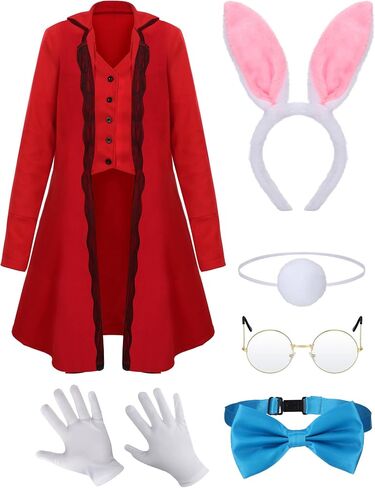 Xtinmee 6 Pcs Women White Rabbit Costume Halloween Bunny Outfit Victorian Tailcoat Bowtie Headband Tail Gloves Glasses in Saudi Arabia