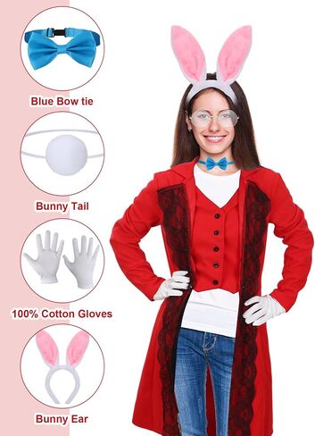 Xtinmee 6 Pcs Women White Rabbit Costume Halloween Bunny Outfit Victorian Tailcoat Bowtie Headband Tail Gloves Glasses in Saudi Arabia