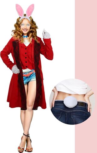 Xtinmee 6 Pcs Women White Rabbit Costume Halloween Bunny Outfit Victorian Tailcoat Bowtie Headband Tail Gloves Glasses in Saudi Arabia