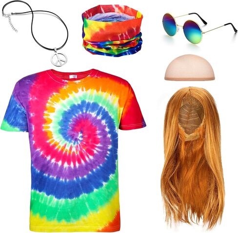 Hicarer 5 Pieces Hippie Costume Colorful Tie Dye T Shirt, Gold Brown Wig, Peace Sign Necklace, Headband, Sunglasses in Saudi Arabia