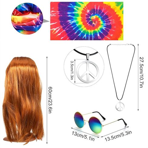 Hicarer 5 Pieces Hippie Costume Colorful Tie Dye T Shirt, Gold Brown Wig, Peace Sign Necklace, Headband, Sunglasses in Saudi Arabia