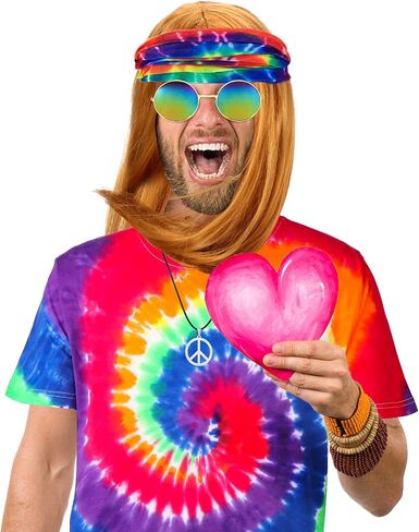 Hicarer 5 Pieces Hippie Costume Colorful Tie Dye T Shirt, Gold Brown Wig, Peace Sign Necklace, Headband, Sunglasses in Saudi Arabia