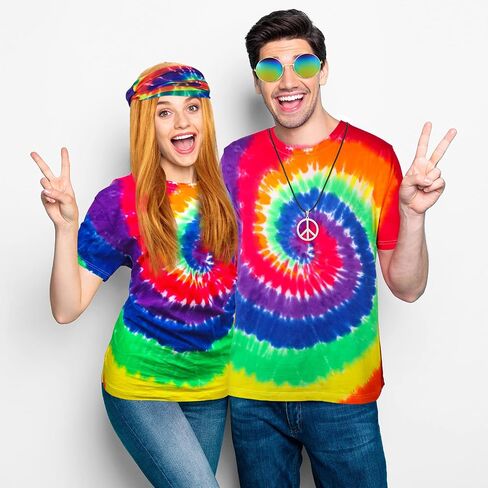 Hicarer 5 Pieces Hippie Costume Colorful Tie Dye T Shirt, Gold Brown Wig, Peace Sign Necklace, Headband, Sunglasses in Saudi Arabia