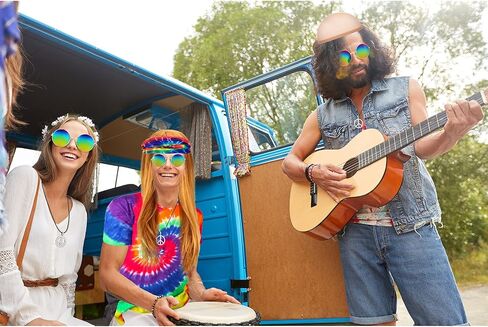 Hicarer 5 Pieces Hippie Costume Colorful Tie Dye T Shirt, Gold Brown Wig, Peace Sign Necklace, Headband, Sunglasses in Saudi Arabia