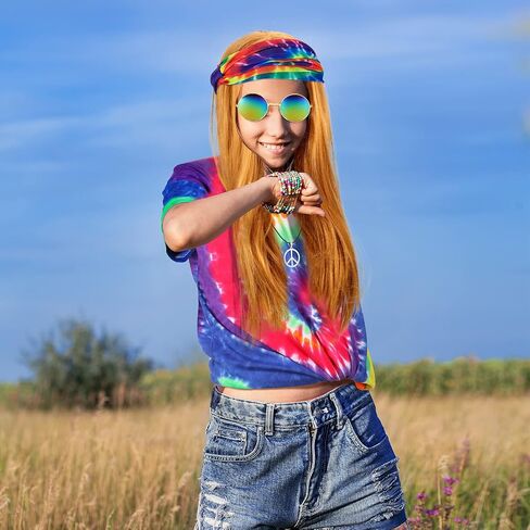 Hicarer 5 Pieces Hippie Costume Colorful Tie Dye T Shirt, Gold Brown Wig, Peace Sign Necklace, Headband, Sunglasses in Saudi Arabia