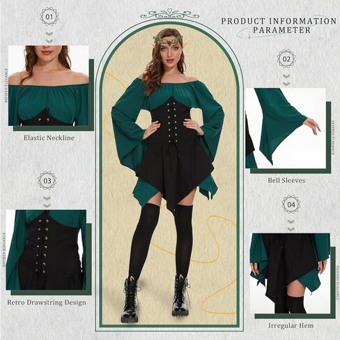 فستان Neragron الأيرلندي التقليدي للنساء، فستان قصير من عصر النهضة في العصور الوسطى مع عصابة رأس، آذان قزم للهالوين in Kuwait