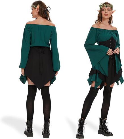 فستان Neragron الأيرلندي التقليدي للنساء، فستان قصير من عصر النهضة في العصور الوسطى مع عصابة رأس، آذان قزم للهالوين in Kuwait