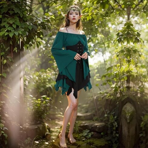 فستان Neragron الأيرلندي التقليدي للنساء، فستان قصير من عصر النهضة في العصور الوسطى مع عصابة رأس، آذان قزم للهالوين in Kuwait