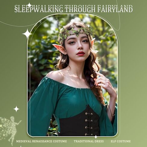 فستان Neragron الأيرلندي التقليدي للنساء، فستان قصير من عصر النهضة في العصور الوسطى مع عصابة رأس، آذان قزم للهالوين in Kuwait