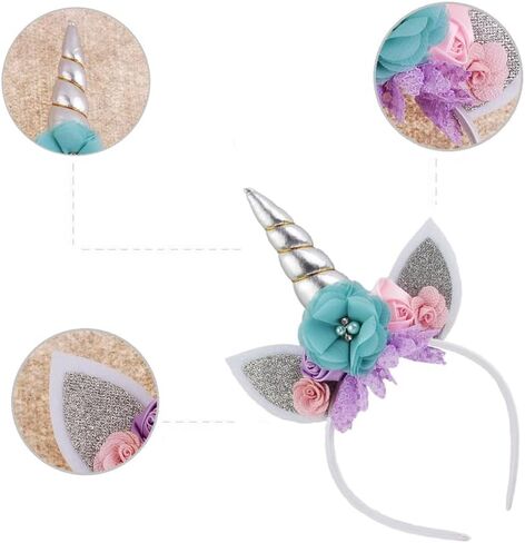 Nishine Glitter Unicorn Horn Headband Cat Ear Flower Head Bands Accessory for Unicorn Birthday Party Supplies in Kuwait