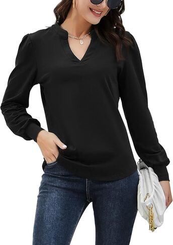 HOCOSIT المرأة عادية الخامس الرقبة فانوس نفخة طويلة الأكمام بلايز فضفاضة تونك الكلاسيكية بلوزة تي شيرت in Kuwait